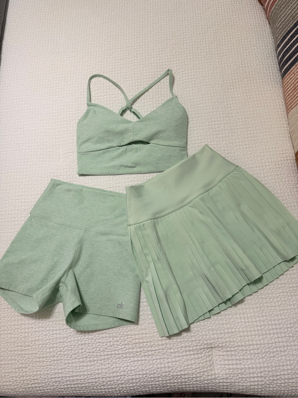 ALO Yoga Mint Green Three-Piece Active Set — Bralette, Shorts & Pleated Skirt